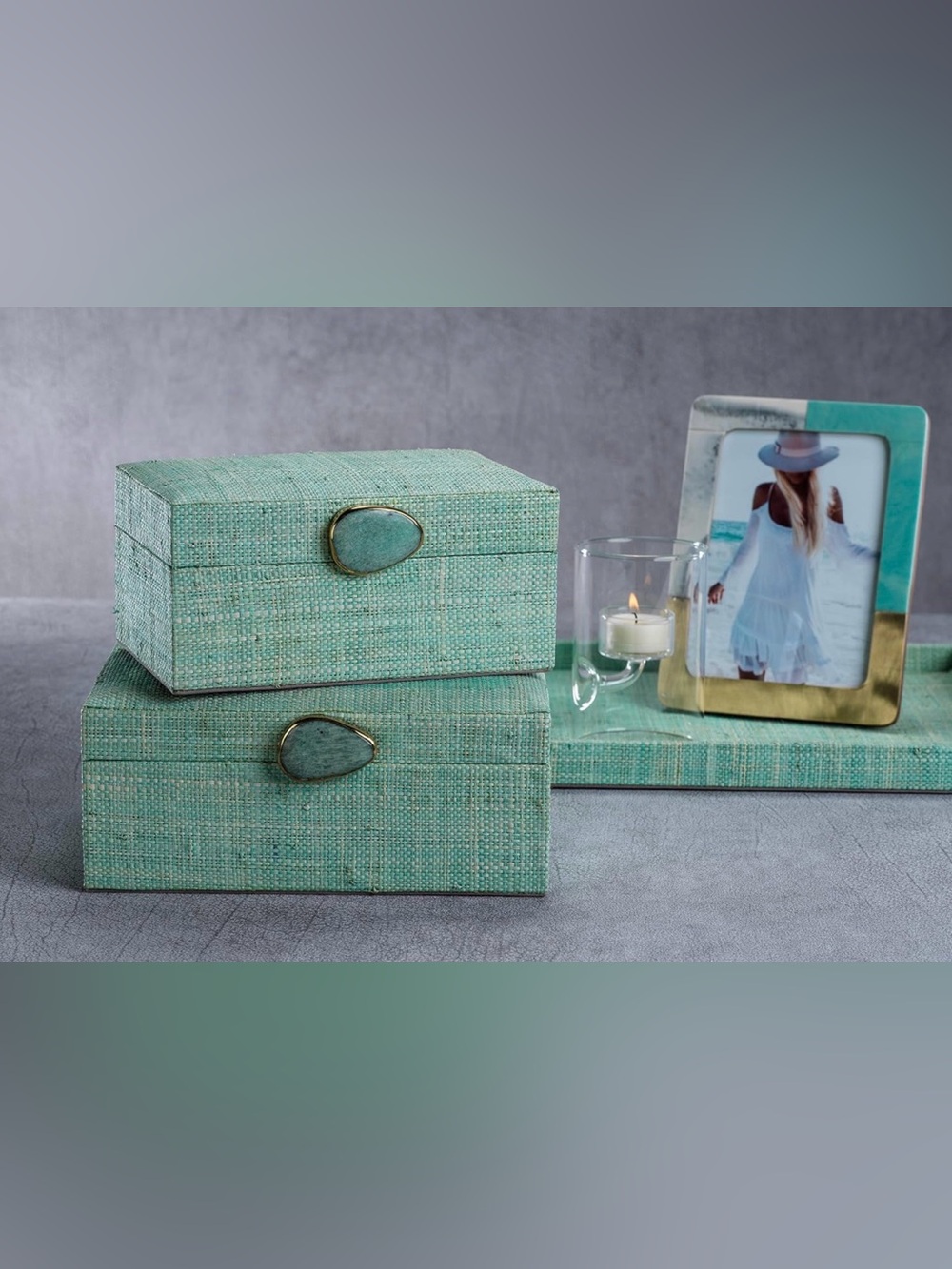 NEW ZODAX Natalia Raffia Jade Grasscloth Large Decorative Box Set $420 SOLD OUT